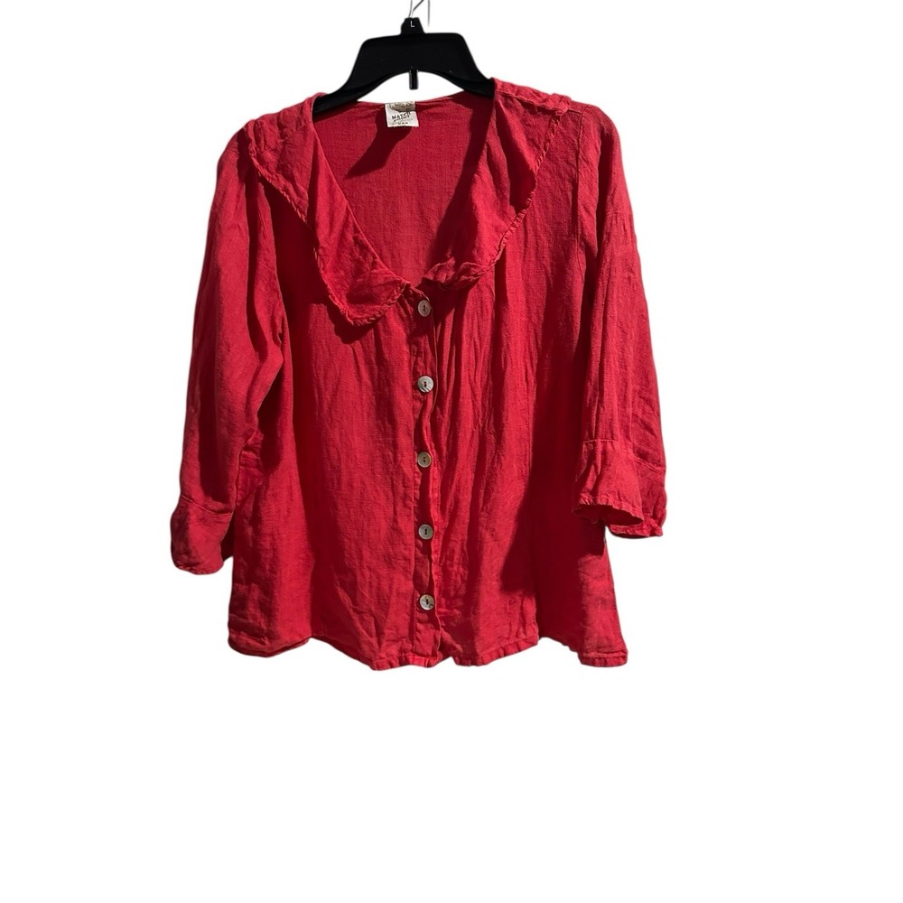 Match Point USA 100% Linen Shirt Red‎ Medium Ruffle Buttons Relaxed #R6-3 - Picture 4 of 8
